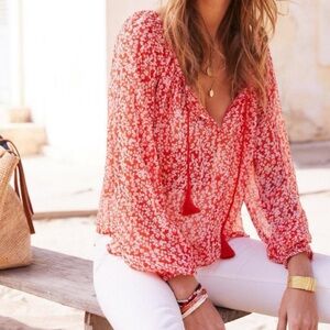 Sezane Alena Coral Floral Red peasant blouse